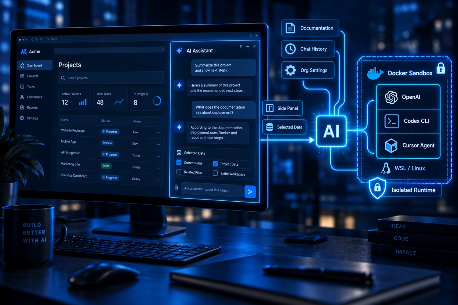 AI asistent u poslovnoj web aplikaciji, sa agentima koji rade u Docker kontejneru