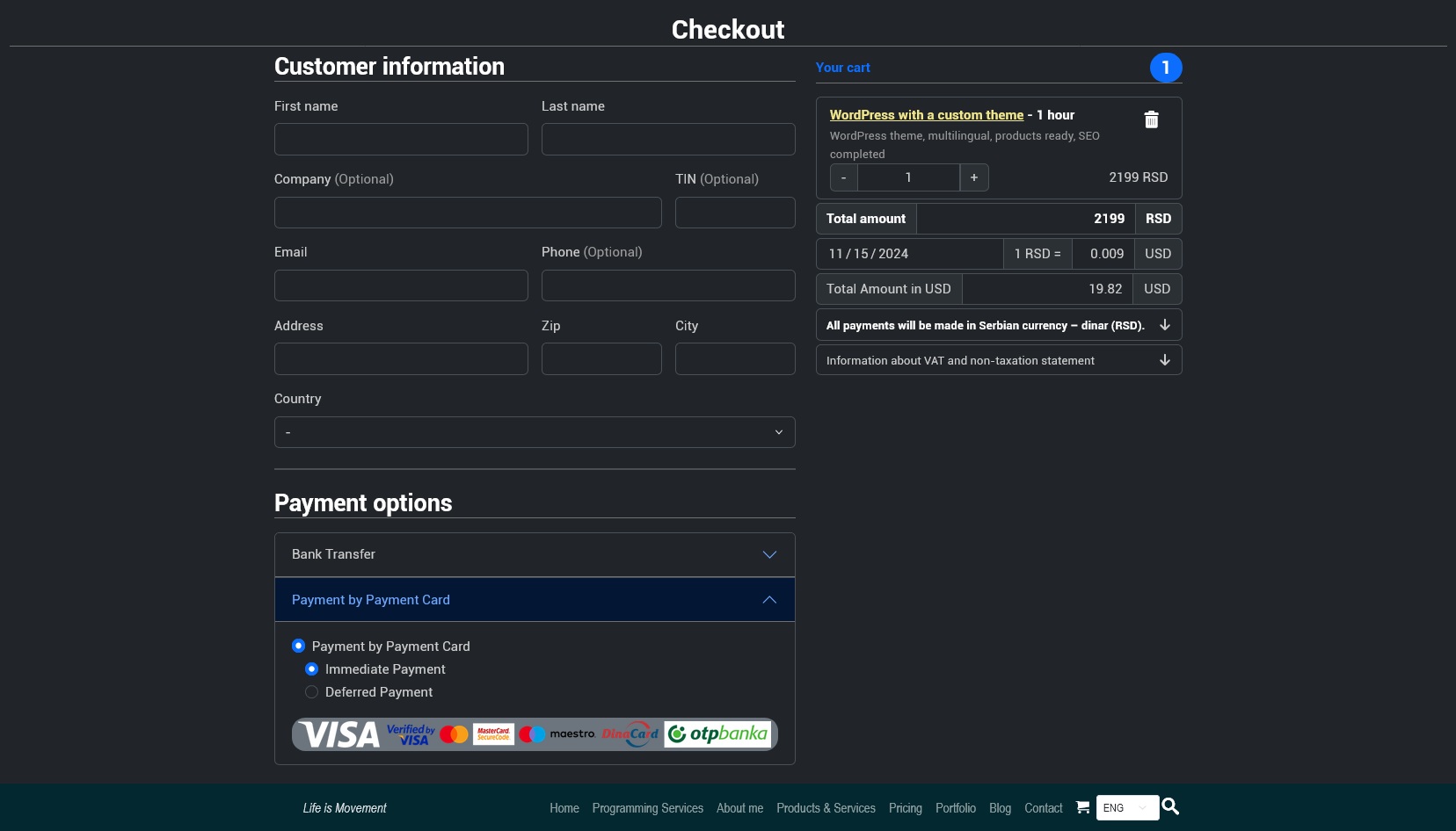 Implementation of card payment processing on the website www.dejandozet.com