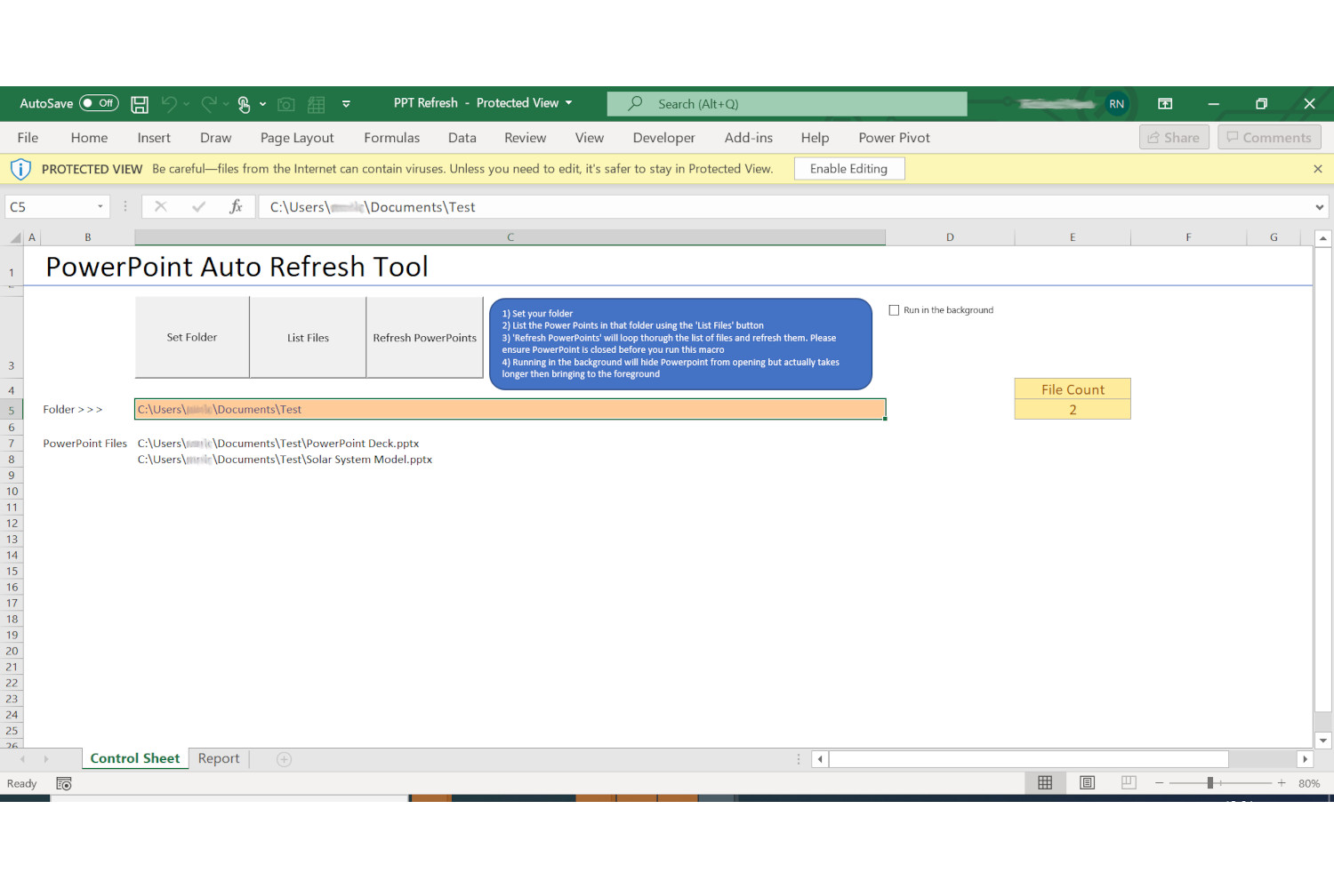 Sổ làm việc Excel có các nút khởi chạy làm mới liên kết trong bản trình chiếu PowerPoint, dùng để kiểm thử chương trình