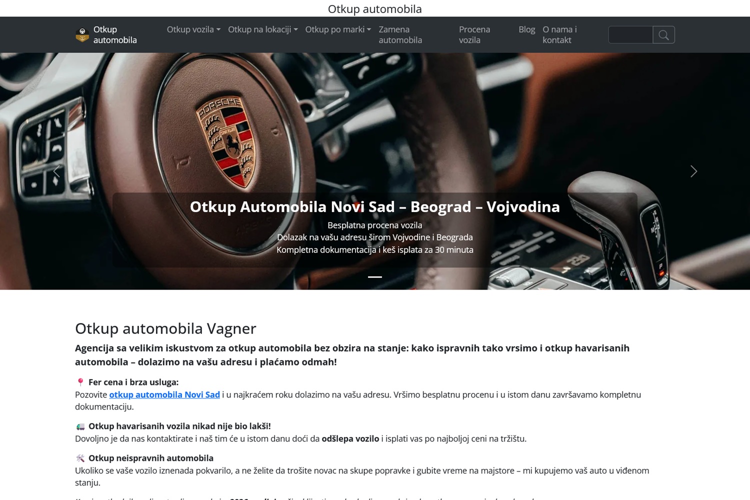 Snimak ekrana sajta Otkup automobila Vagner