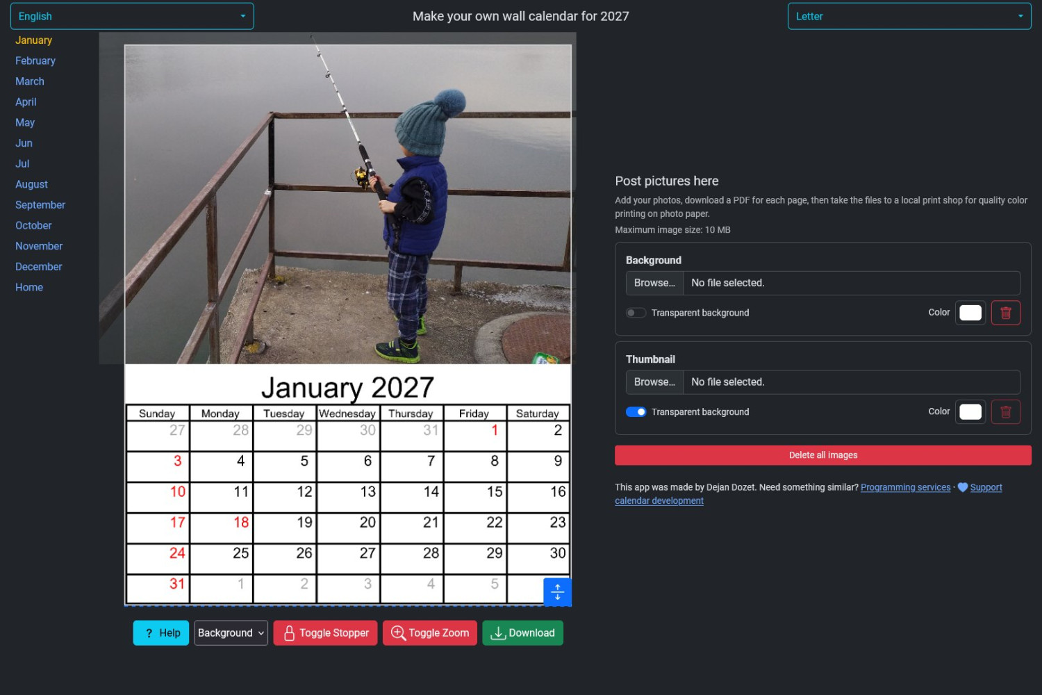 Creating a wall calendar with your own photos in a web application